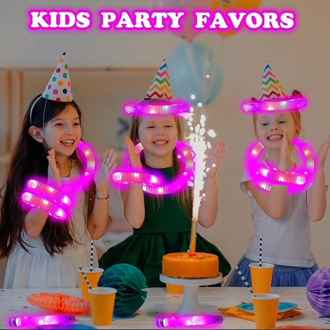 24 PCS Pink Glow Sticks Party Favors for Kids,LED Light up Pop Tubes for Toddlers, Neon Necklaces Bracelets Accessories,Glow Birthday Dance Wedding Easter Mardi Gras Parade Throws Party Supplies Decor