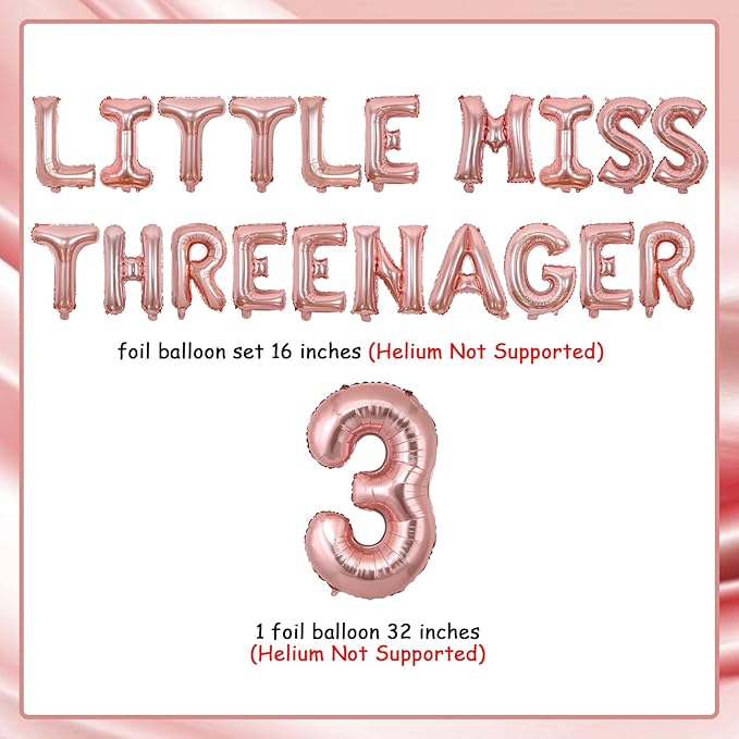 Rose Gold 3rd Birthday Decorations Little Miss Threenager Balloon Banner Third Birthday Decors Girl Rose Gold Number 3 Foil Balloon Crown Theme Supplies for Princess 3rd Three Years Old Girl