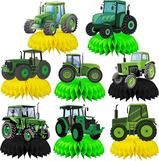 8 Pcs Farm Green Tractor Party Decoration, Farm Tractor Theme Honeycomb Centerpieces 3D Double Sided Table Decorations, Photo Booth Props for Kids Boys Girls Birthday Party Supplies