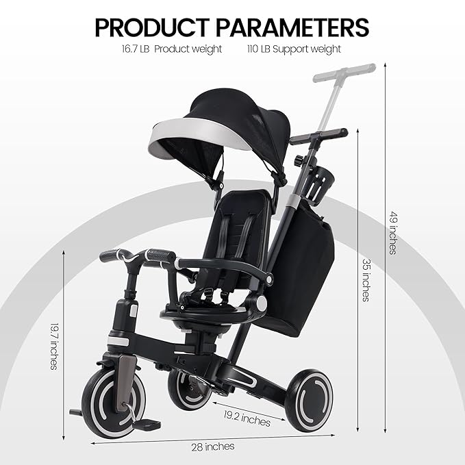 Aneco 9-in-1 Multi-functional Baby Tricycle for Toddlers 10 Months-3 Years with Removable Canopy Rotatable Seat Safety Harness Wheel Brake Adjustable Push Handle Storage Bag Cup Holder, Black and Gray