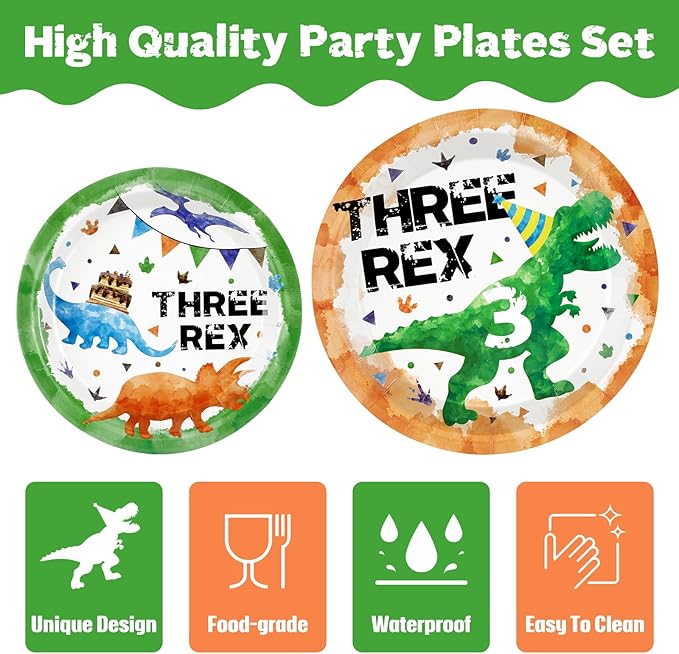 WERNNSAI Three Rex Birthday Decorations - 64PCS Dinosaur Plates Napkins and Forks Dinosaur 3rd Party Decorations 3 Rex Plates and Napkins for Kids Boys 3 year old Birthday Decor Serves 16 Guests