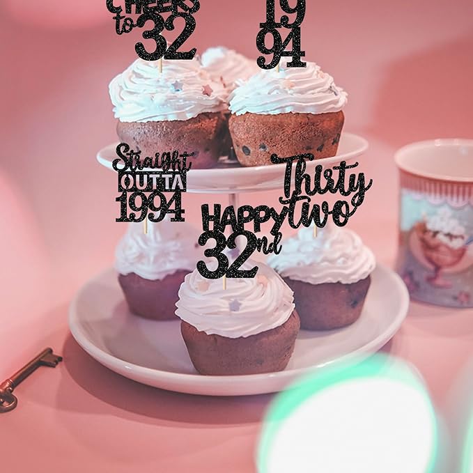 30PCS Black 32nd Birthday Cupcake Toppers Glitter Thirty Two Happy 32nd Straight Outta 1994 Cupcake Picks for Cheers to 32 Years Birthday Wedding Anniversary Party Cake Decorations Supplies