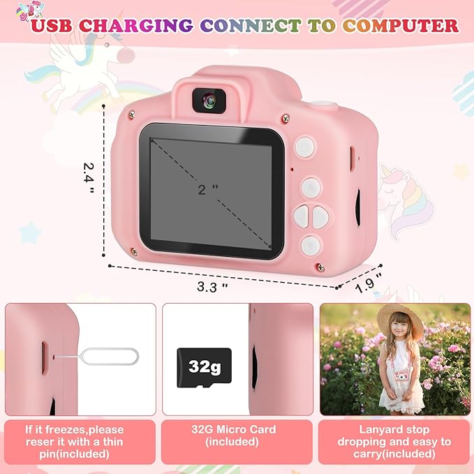 Unicorn Little Girls Toys Selfie Camera for 6-10 Years Old, HD Digital Video Camera with 32GB SD Card