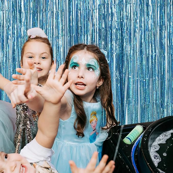 TONIFUL 3Pcs Laser Light Blue Door Streamers,Laser Blue Photo Booth Backdrop Metallic Streamers Blue Foil Fringe Curtains for Birthday,Christmas,New Year,Bachelorette,Grad Party Decor(9.9ft x 6.6ft)