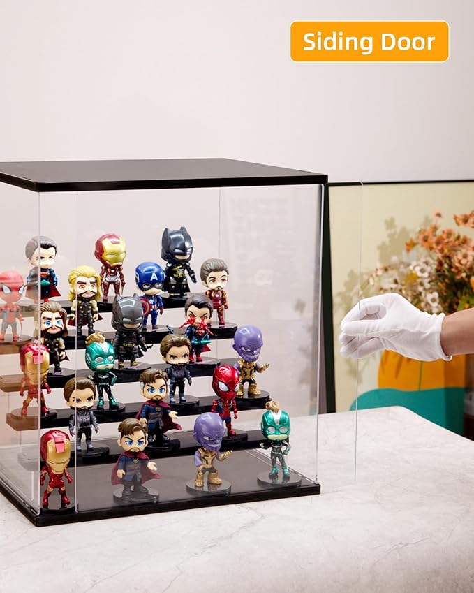 Clear Acrylic Display Case with Light , 4 Tier Display Box Stand Assembly Dustproof Protection Showcase for Collectibles Action Figures (Black 12.6×12.2×11.8in; 32×31×30cm)