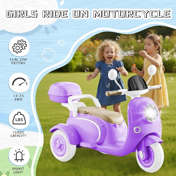 HEIMILI 12V Kids Electric Motorcycle for Girls, 3 Wheel Ride On Motorcycle for Kids 3-5 Years, Mini Battery Powered Motorbike with Bluetooth & MP3, Toddler Electric Ride On Toy, Purple