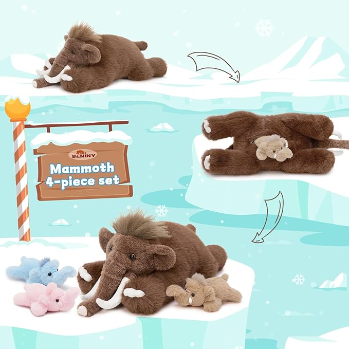 4Pcs Woolly Mammoth Plush Toy, Cute 22" Mommy Elephant Stuffed Animal with 3 Babies for Boys Girls Kids, Cuddly Christmas Birthday Gift for Ancient Animal Lover