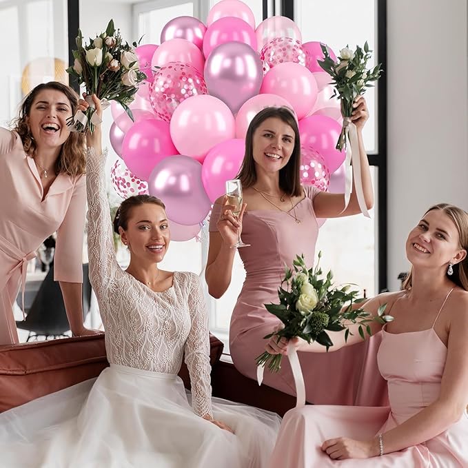 Paready Pink Balloons Set, 50 Pcs 12 Inch Metallic Pastel Pearl Light Pink Confetti Balloons Helium with Ribbon for Women Girls Wedding Bridal Baby Shower Princess Birthday Party Decorations