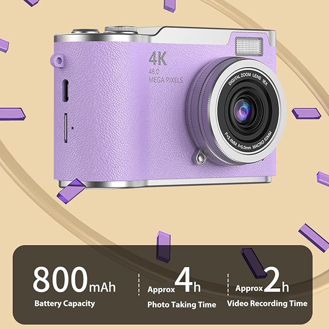 Denash Foldable Screen Kids and Beginners Camera,4K Digital Camera for Photography,48MP Digital Foldable Support 16X Zoom with Flip Scree (Purple)