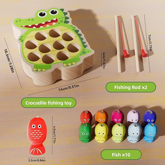 Magnetic Wooden Fishing Toy for Toddlers 2-4, Crocodile Montessori Toys for 2 3 4 Year Old, Fine Motor Skills Early Educational Learning Toy for Kids Boys Girls (Crocodile)