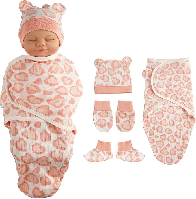 BABESIDE 4 Pcs Reborn Baby Doll Blanket with Doll Accessories Set for 17-24 Inch Babydolls, Heart Patterns Baby Doll Swaddle Blanket with Hat Gloves for Realistic Dolls Girl, Pink