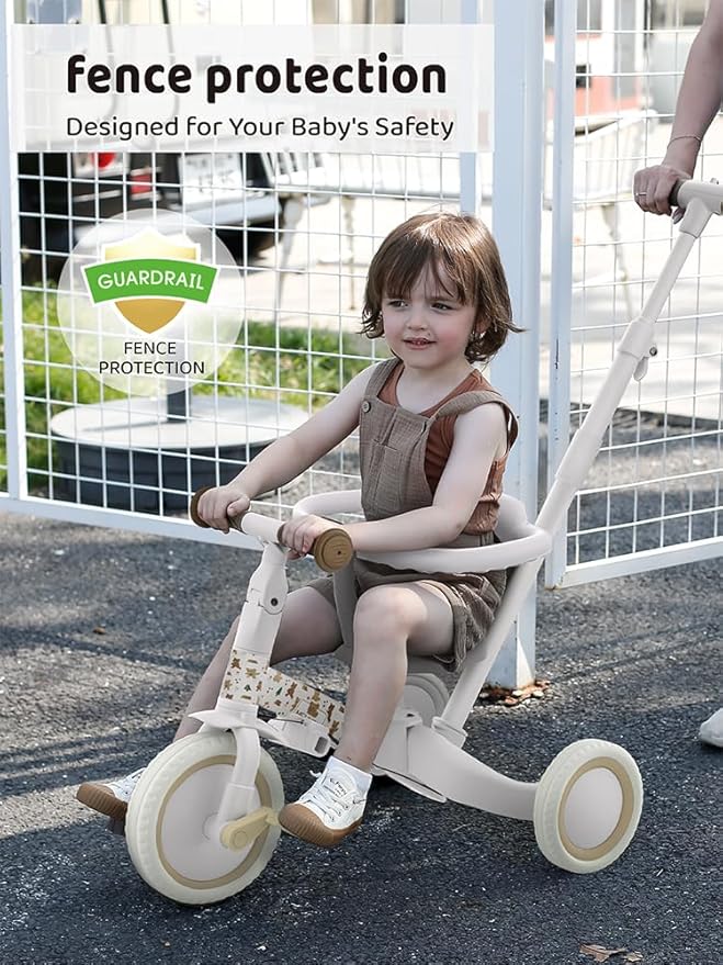 newyoo 5 in 1 Tricycles for 1-3 Year Olds, Baby Balance Bike, Christmas & Birthday Gift for Boy & Girl, Toddler Bike with Parent Push Handle, Safety Guard, Backrest & Safety Belt, Yellow, TR008