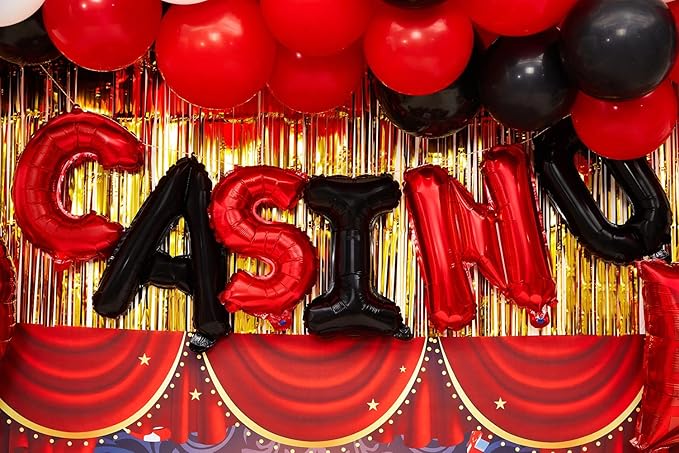 Casino Theme Party Decoration Las Vegas Birthday Party Dino Casino Night Poker Party Supplies Set for Adults Include Balloon Garland Kit, Casino Backdrop, Cake Toppers, Gold Curtain and Foil Balloons