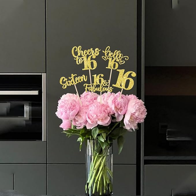 15PCS Happy 16th Birthday Centerpiece Sticks Hello 16 Fabulous Table Flower Centerpieces Sticks Sixteen Cheers to 16 Years Floral Decoration for Happy 16th Birthday Party Centerpieces Sticks Gold