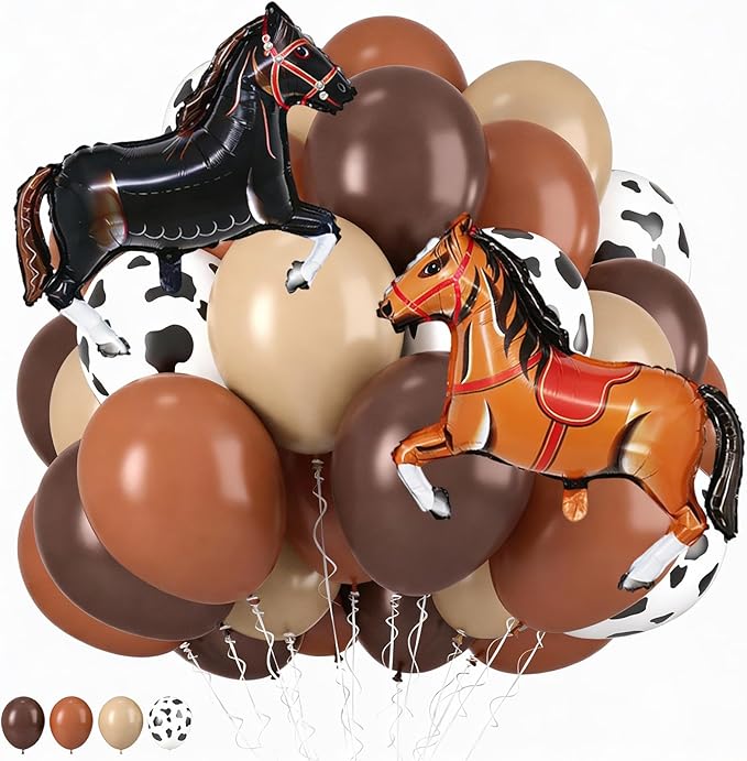 Brown Cow Print Balloons, Dark Coffee Brown Tan Apricot Nude Cow Print Balloons with Horse Foil Balloon for Boy Cowboy Birthday Western Party Cow Theme Baby Shower Western Decor