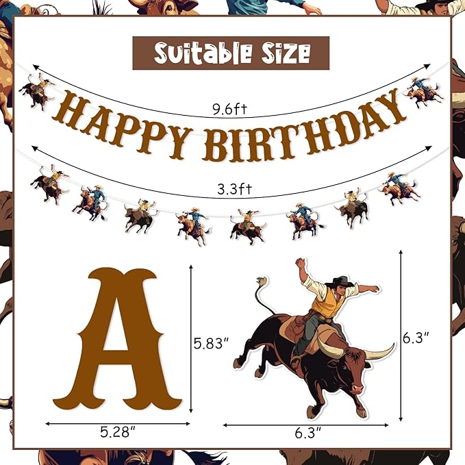 JOYMEMO Bull Riding Birthday Banners, Bull Riding Birthday Decorations for Boys, Man, Cowboy Theme Party Supplies, Pre-strung, Cardstock