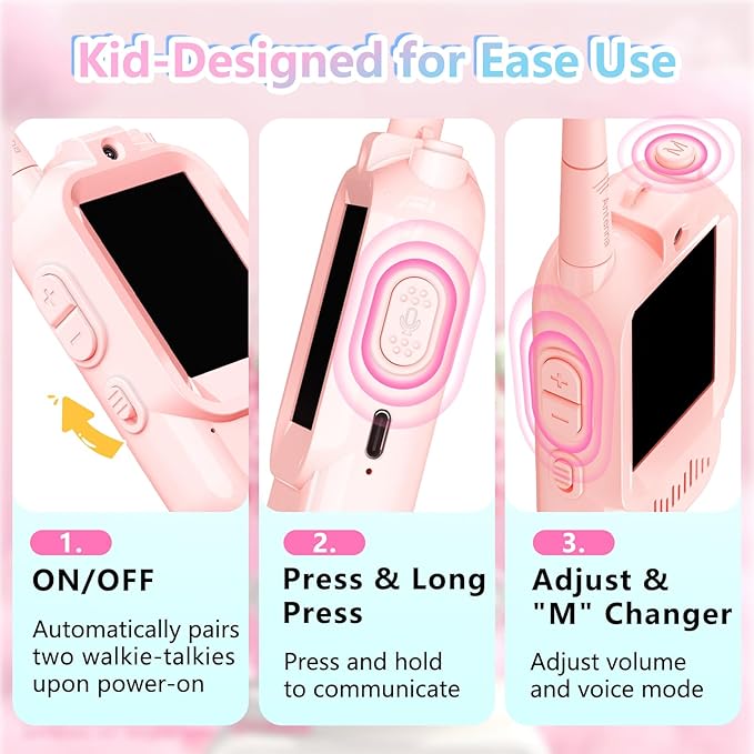 Video Walkie Talkies, Rechargeable Toddler Toys with HD Camera & 4 Switchable Voice, 1000FT Range for Christmas Birthday Gifts for Family Game, Camping for Boys Girls Ages 3-12 (Blue/Pink), 2 Pack
