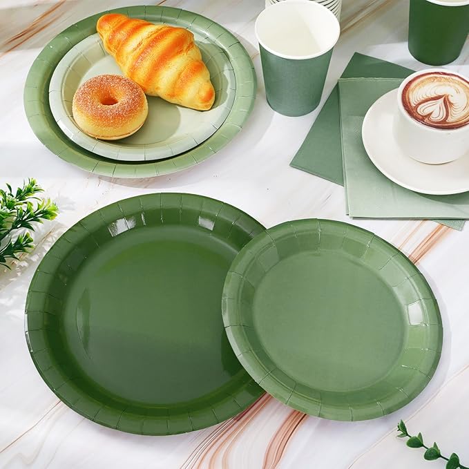 Whaline 96Pcs Sage Green Tableware Set Serves 24 Gradient Green Disposable Dinnerware 24 9" Plates 24 7" Plate 24 9oz Cups 24 Napkins for Wedding Birthday Party Supplies