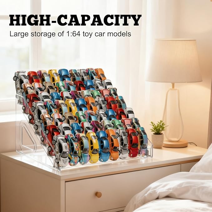 4 Pack 7-Tier Toy Cars Display Shelf for Hot Wheels Display Case Storage Organizer for 1/64 Scale Toy Cars-Hold 63 Toy Cars Clear Model Car Case Holder Container Shelf (Only case)