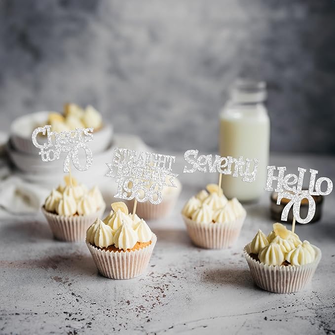 Ephlyn 24Pcs Happy 70th Birthday Cupcake Toppers Glitter Straight Outta 1956 Cupcake Picks Hello 70 Cheers to 70 Years Birthday Cake Decorations for 70th Birthday Anniversary Party Supplies Silver
