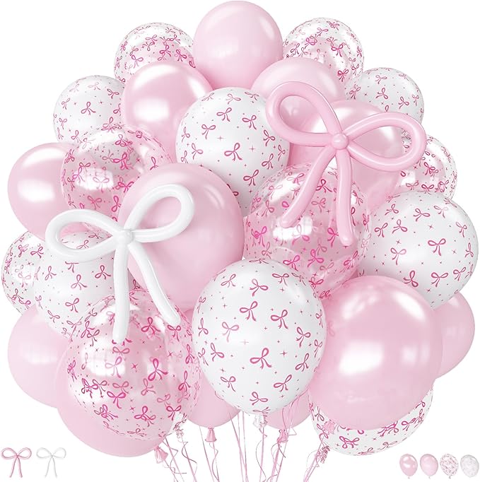 Pink Bow Balloons, 62Pcs Pastel Light Pink Clear White Bow Latex Balloons, 12Inch Transparent Bowknot Print Helium Balloon for Girls Women Princess Coquette Birthday Wedding Bridal Baby Shower Party
