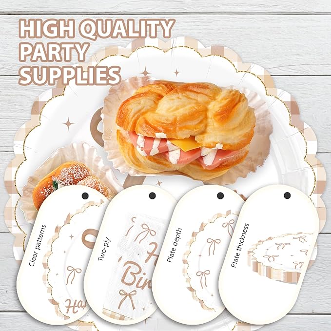 96 Pcs Brown Bow Birthday Party Decorations Disposable Brown Plaid Paper Plates and Napkins Vintage Bow Tableware Set for Boys Girls Birthday Party Baby Shower Supplies, Serves 24