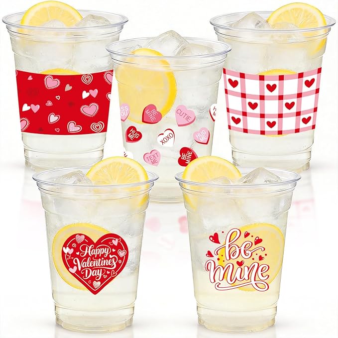50Pcs Valentine's Day Party Decoration Cups, 12oz Pink Red Valentine's Day Heart Disposable Clear Plastic Cup for Valentines Day Birthday Wedding Drinkware Beverage Drinks Party Decor Supplies