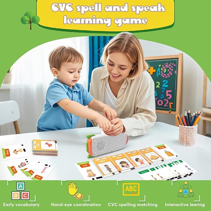 Talking Flash Cards for Kids 3-8, 112 CVC Words & 56 Math Flashcards, Interactive Learning Toys for Preschool, Speech Therapy, Autism, Sight Words Toddler Toy Gifts for Kids