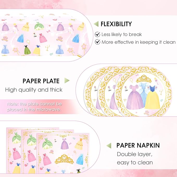41Pcs Princess Birthday Party Decorations,Pink Prnss Themed Tableware Set,Include Princess Plates,Napkins,Tablecloth,for Baby Showers,Girls Birthday Party Decorations,Kids Party Setup,Serves 20