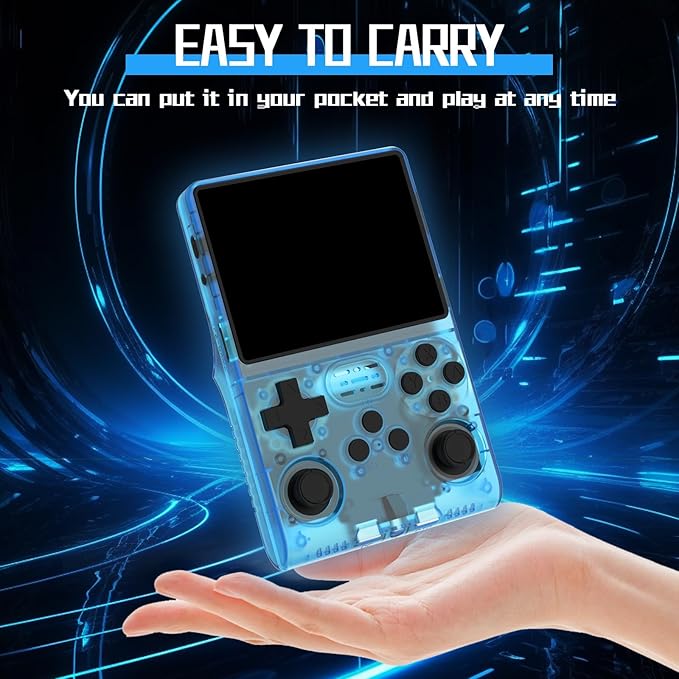 FHYRGF[30000 in 1] R40S PRO Handheld Game Console 3.5 inch IPS Screen Mini Retro Console 3800mAh Portable Pocket Arcade 12+ Mainstream Emulator 256G TF Card Transparent.(Blue)