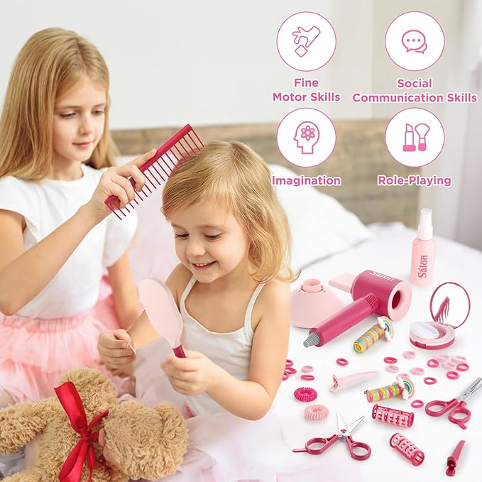 GAGAKU Kids Pretend Play Hair Salon Set, Pink, 36 Piece Beauty Styling Accessories Kit with Toy Dryer, Scissors, Combs for Girls