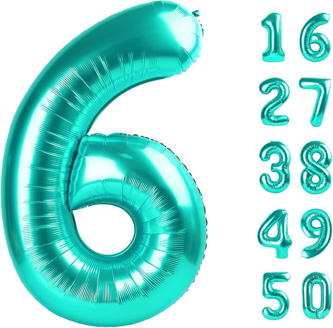 40 Inch Teal Blue Balloon Number 6 Balloons,6 Foil Mylar Helium Large Digital Blue Green Balloon Birthday Numbers Jumbo Balloons 16th or 61st Anniversary Party Decorations Supplies