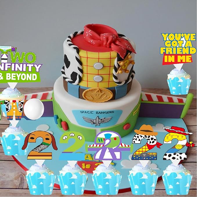 2 to infinity and inspired Beyond Birthday Decorations Toy Inspire Game Birthday Cupcake Toppers and Wrappers for 2nd Bday Blue Sky and White Cloud Cow Bday Party Supplies Decor (2nd with wrappers)