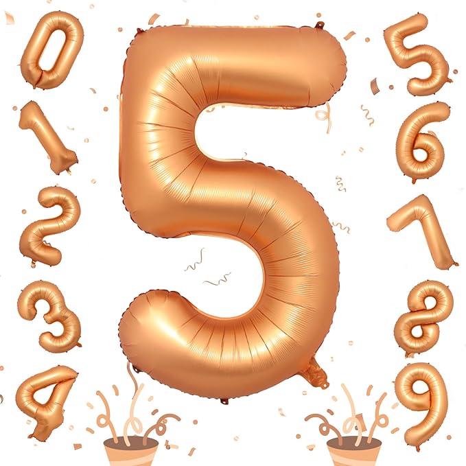 40 Inch Number 5 Balloon, Big Foil Self Inflating 5th Birthday Number Balloons Orange Decor, 0-9 Set Helium Ballons for Girls Kids Birthday Party Anniversary Celebration Party Decorations Supplies