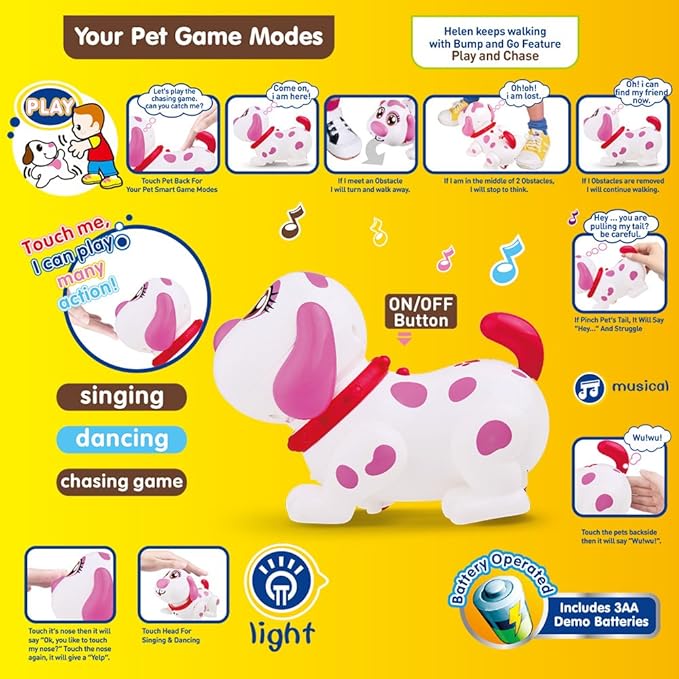 WEofferwhatYOUwant Robot Dog Helen – Interactive Talking Puppy for Girls – Electronic Pet Toy Walks, Talks, Barks, Dances & Sings – Touch Sensors, Bump-n-Go, Lights & Sounds – Toddler Gift Age 2+