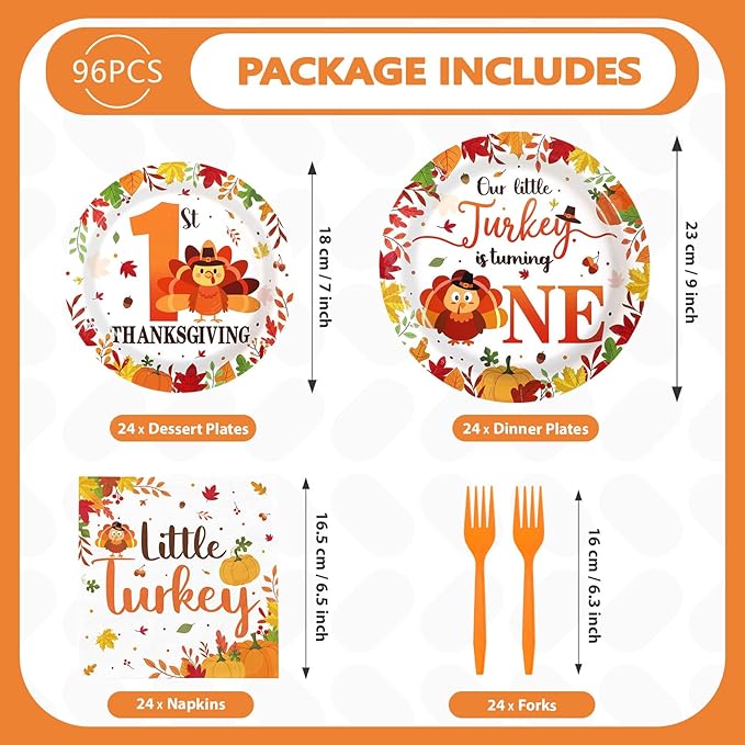 Grencian 96Pcs Thanksgiving 1st Birthday Decorations Our Little Turkey Is Turning One Plates and Napkins Fall 1st Birthday Tableware Set for Thanksgiving Turkey-Themed Baby Shower Party Supplies