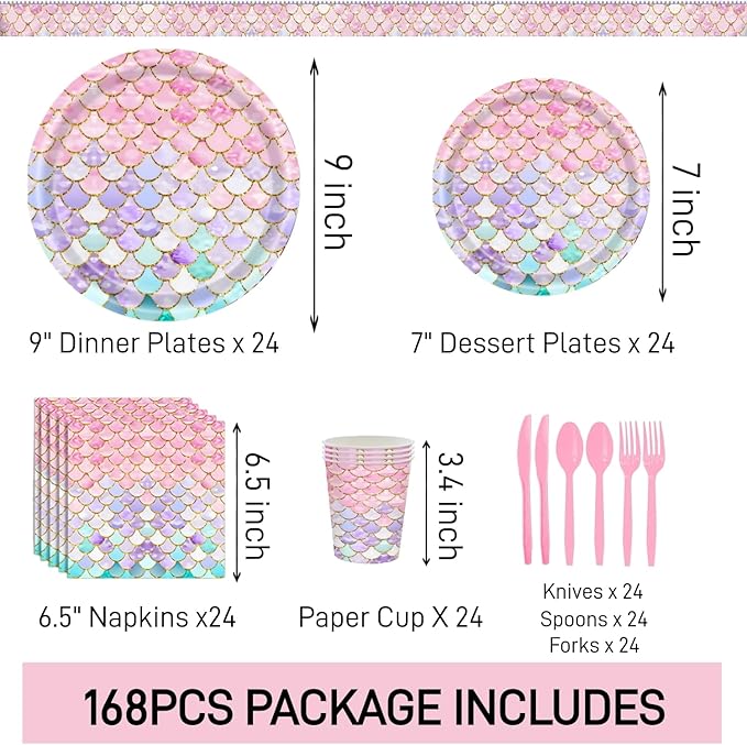 168 Pcs Mermaid Birthday Party Decorations Plates Set for 24 Guests, Little Mermaid Party Supplies Ocean under the Sea Party Plate Napkins Knives Forks Spoons Cups for Princess Girls