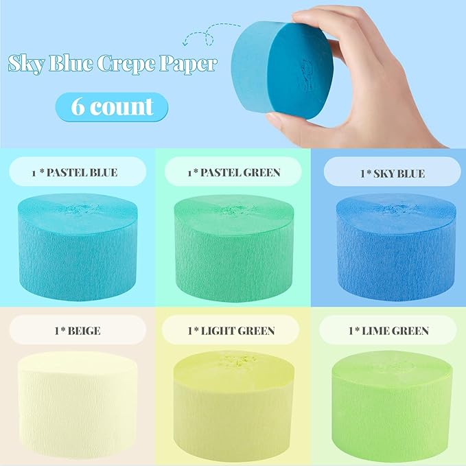 Crepe Paper Streamers Party Decorations, 6 Rolls of Blue, Pastel Blue, Green and Lime Party Streamers for Birthday Wedding Baby Shower Party Decorations Supplies