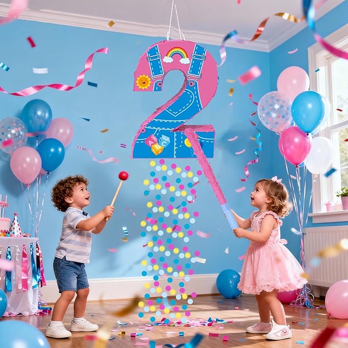 Pink Party Decorations,15.7‘’ Pink Number 2 Pinata with Stick Blindfold Confetti for Girls Boys 2nd Anniversary Party Decorations & Supplies (2nd)