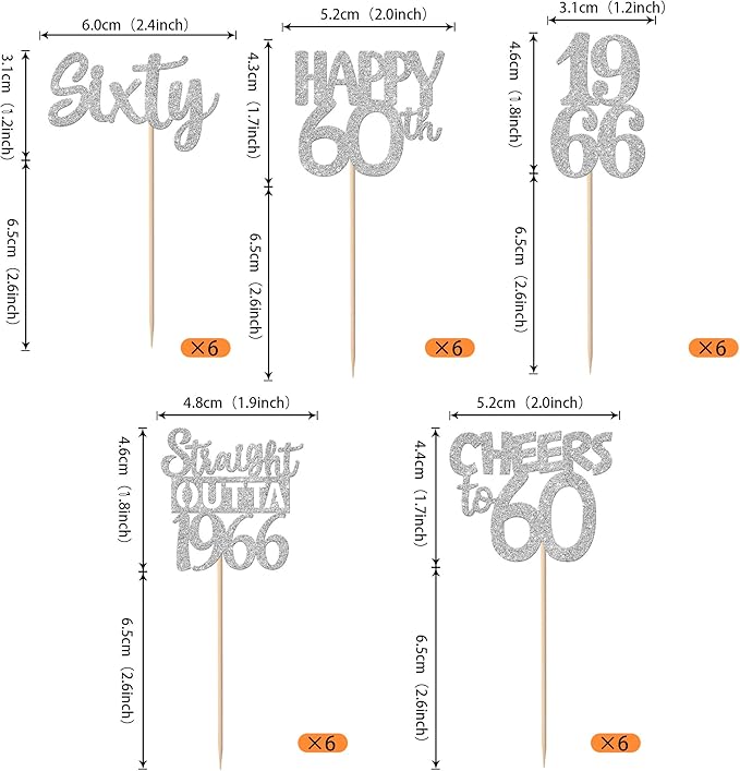 30PCS 60th Birthday Cupcake Toppers Glitter Sixty Happy 60 Straight Outta 1966 Cupcake Picks for Cheers to 60 Years 60th Birthday Wedding Anniversary Party Decoration Supplies Silver