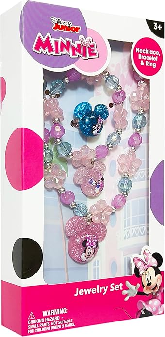 LUV HER Disney Minnie Girls Jewelry Set - Dress up Toy Jewelry Box Sets with Bead Necklace, Bead Bracelet and Ring - Play Accessories - Ages 3+