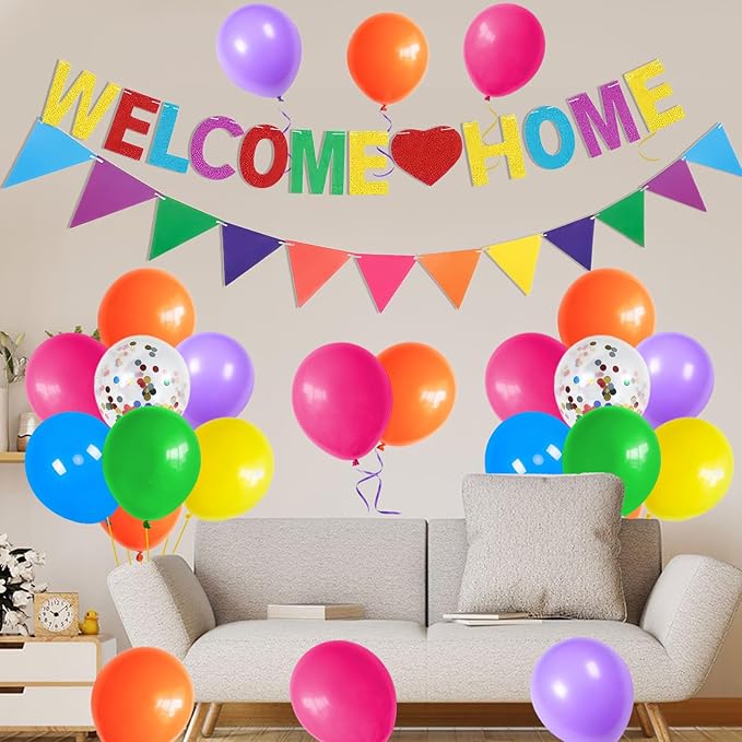 Welcome Home Decorations,Color Welcome Home Balloons Banners Set,Rainbow Welcome Home Glitter Banner with Confetti Balloons,Pennant Flag Bunting for Home Family Baby Shower Welcome Back Party Supplies