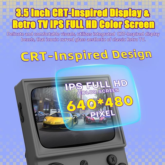 R36T Retro Gaming Console, 3.5'' IPS Screen CRT-Inspired, Handheld Game Console with 22000+ Classic Games Supports WiFi Networked Fighting and OTG, 3500mAh Battery, with Portable Case(Grey 128GB)