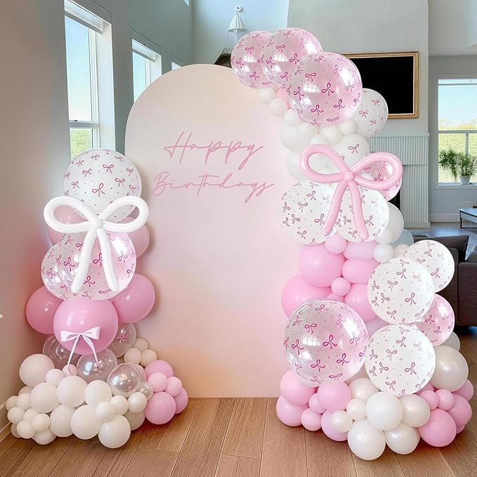 Pink Bow Balloons, 62Pcs Pastel Light Pink Clear White Bow Latex Balloons, 12Inch Transparent Bowknot Print Helium Balloon for Girls Women Princess Coquette Birthday Wedding Bridal Baby Shower Party