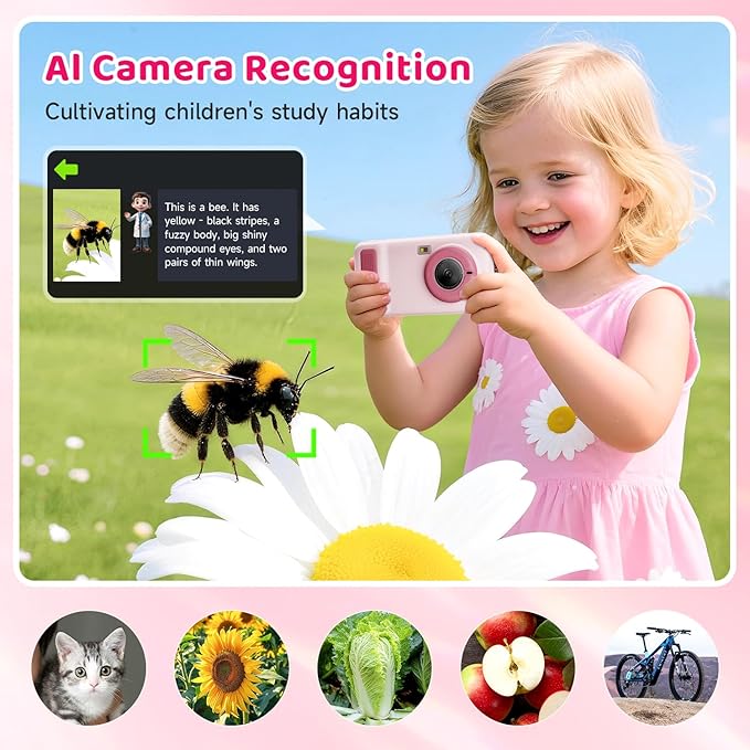 Kids Smart AI Learning Camera, 4.0'' Educational AI Toy Camera with Photo Recognition Knowledge Encyclopedia for Toddler Boys and Girls 3+ Christmas Birthday School Gift (Pink)