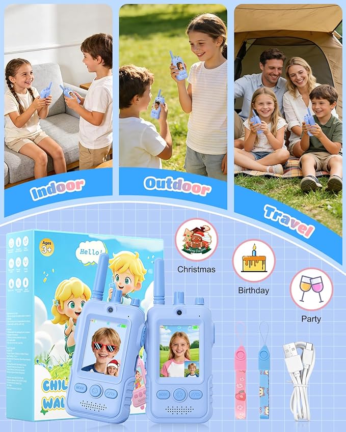 Walkie Talkies for Kids, 2 Pack Rechargeable Video Intercom Kids Walkies Talkies, Indoor Outdoor Toys Gifts for Family Games, Outside, Camping, Hiking for Boys Girls Ages 3-6(Blue)