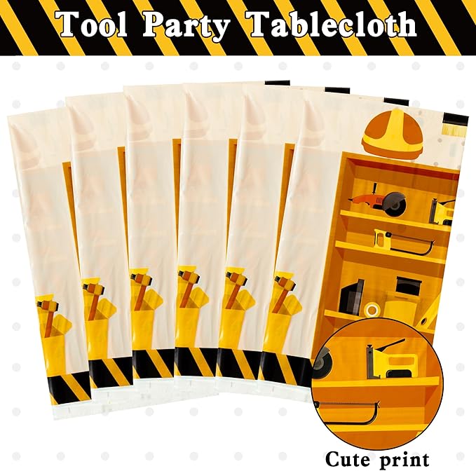 6 Packs Tool Theme Plastic Tablecloths Decoration Waterproof Rectangle Cute Tool TableCover Design with Hard Hat, Nuts, Bolts, Ladders, Spade Patterns for Kids Boys Birthday Party Supplies