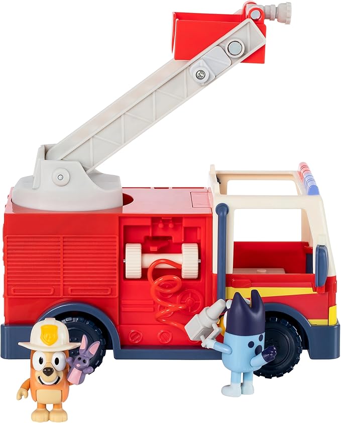 Bluey Firetruck Toy Playset with Firefighter Bingo, Bluey & Bob Bilby, Toddler Fire Truck w/ Spinning Ladder, Water Hoses for Kids Ages 3+