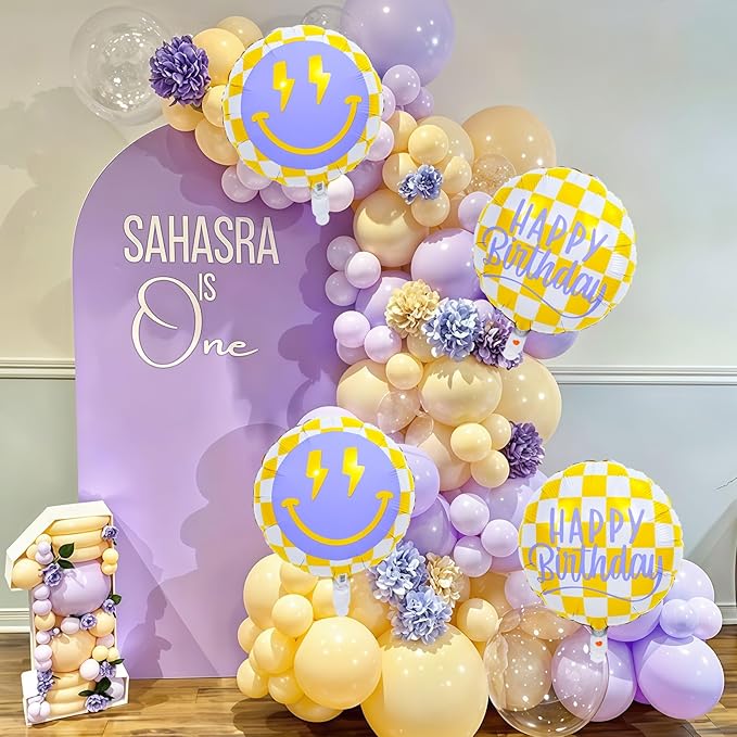 18 Inch Smile Face Birthday Foil Balloons, Yellow White Checkered Smile Face with Lightning Eyes Mylar Helium Round Balloon for Teen Boys Girls One Happy Great Dude Birthday Preppy Party Decorations