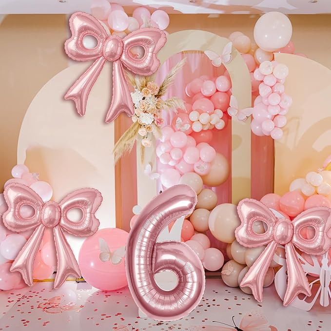 Bow Number 6 Birthday Balloons, 40" Pink Aluminum Foil Balloons Happy Birthday Balloon for Girl 6th Birthday Party, Princess, Coquette Party Decorations Supplies